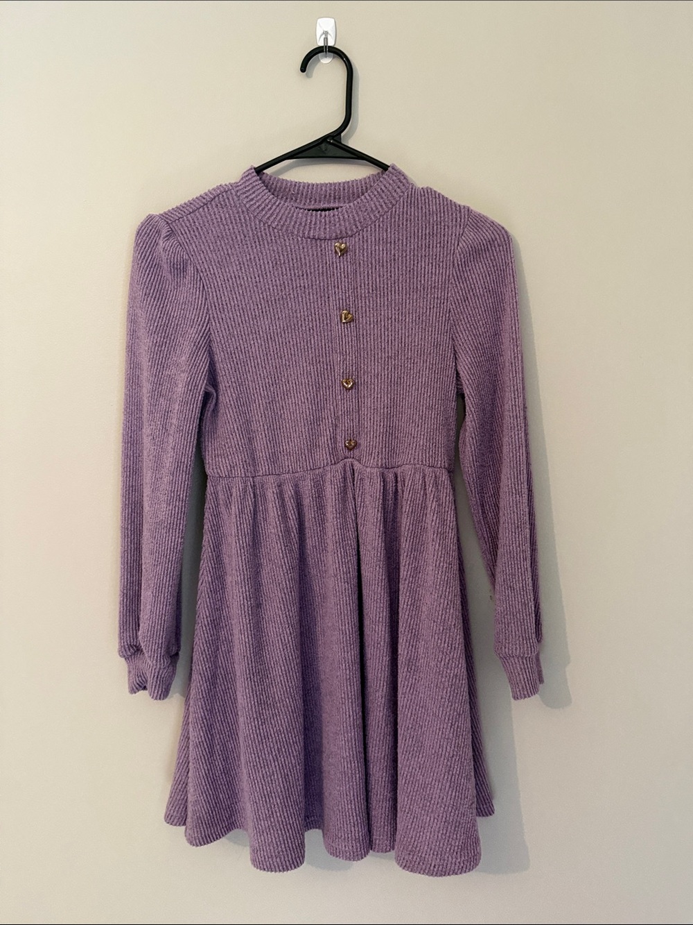 Girls' Lavender Knit Heart-Button Casual Dress